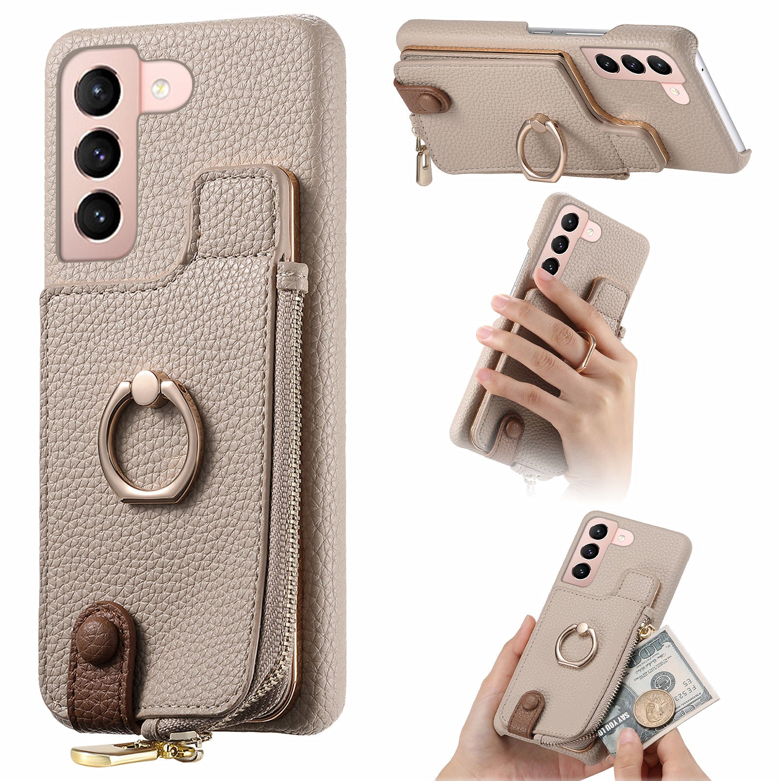 Y3 for Samsung Galaxy S21 5G / S21 4G Phone Case Shockproof Ring Kickstand Zipper Purse Cover