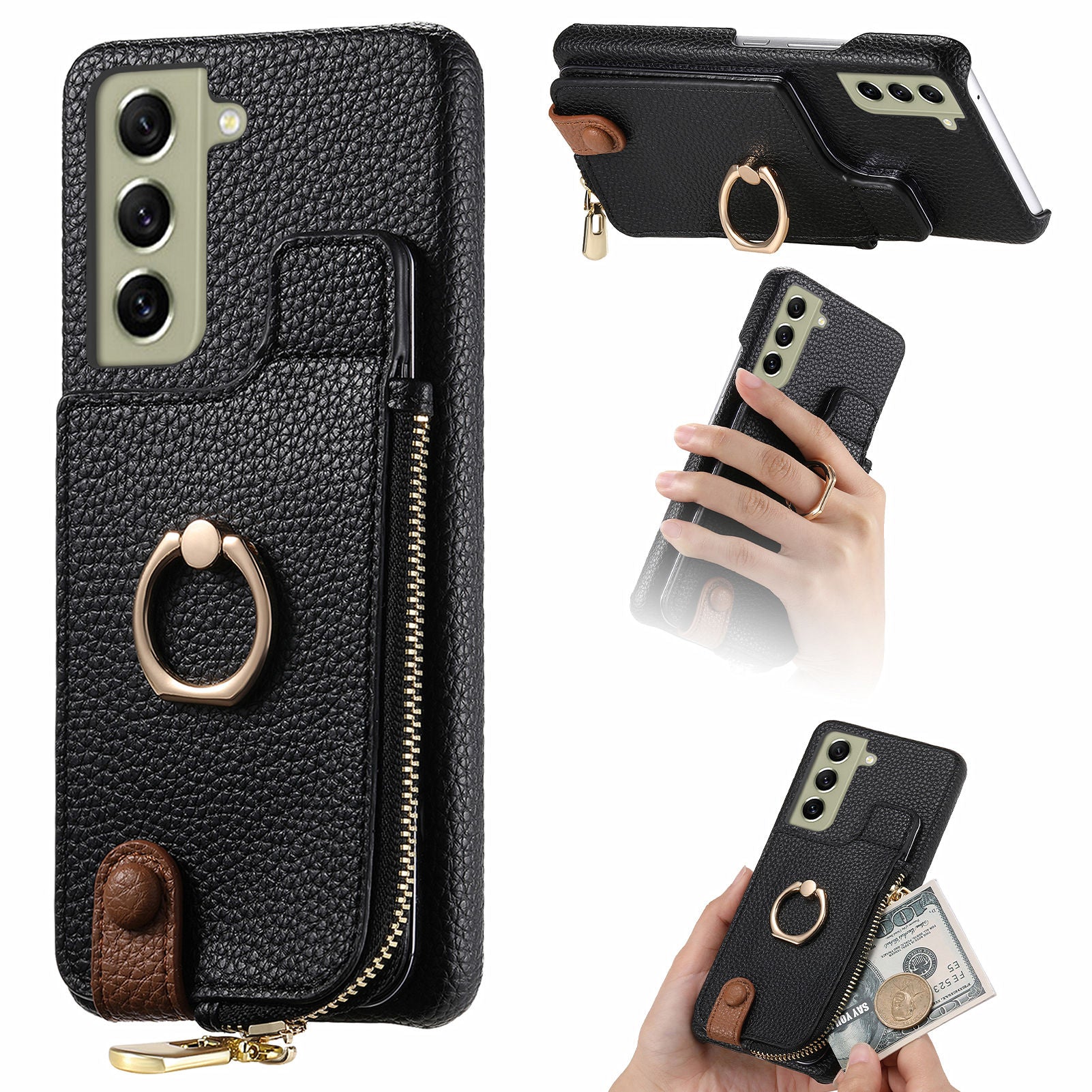 Y3 for Samsung Galaxy S21 FE 5G Drop-proof Case Ring Kickstand Leather Phone Cover with Zipper Pocket