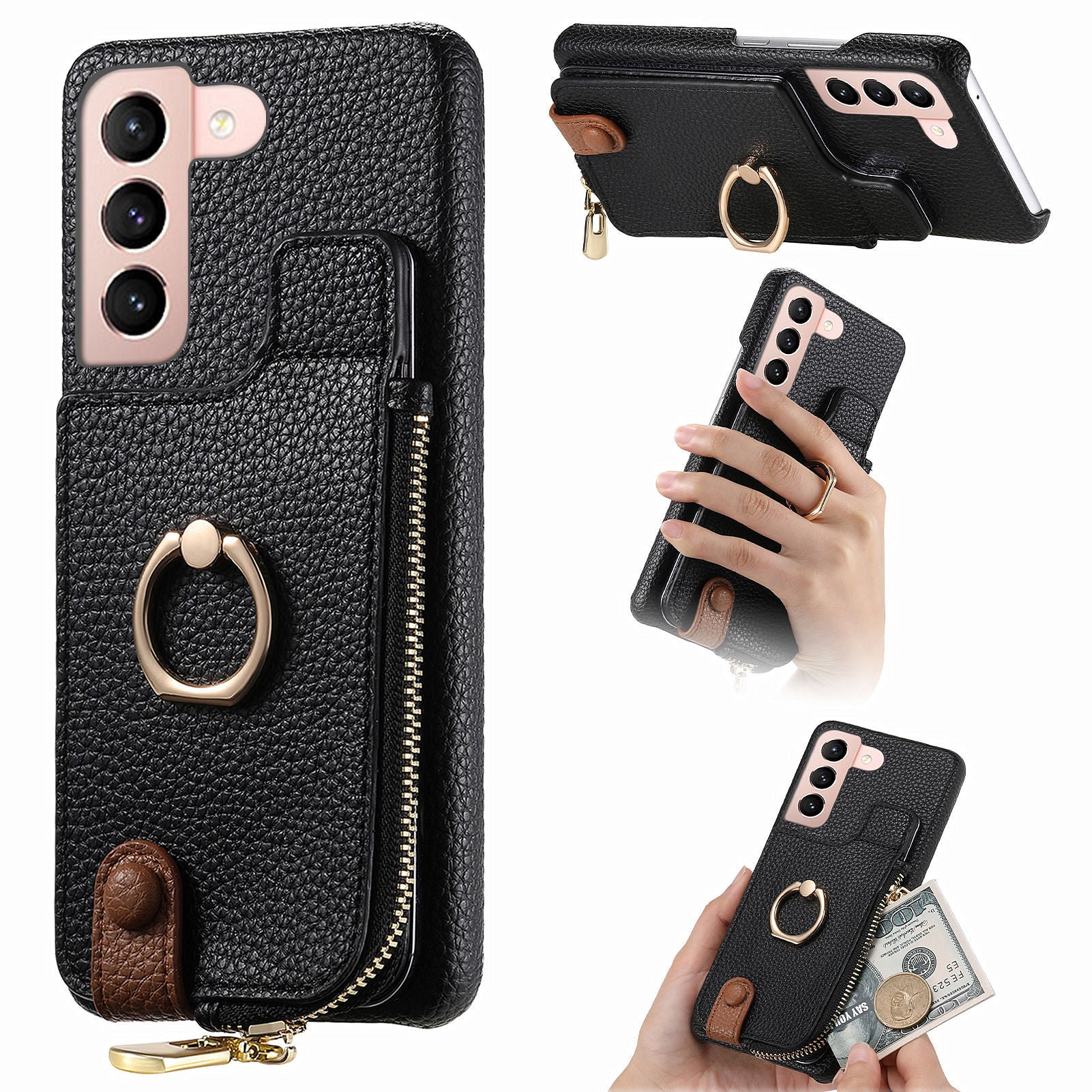 Y3 for Samsung Galaxy S21+ 5G Leather+TPU Ring Kickstand Case Phone Cover with Zipper Pocket
