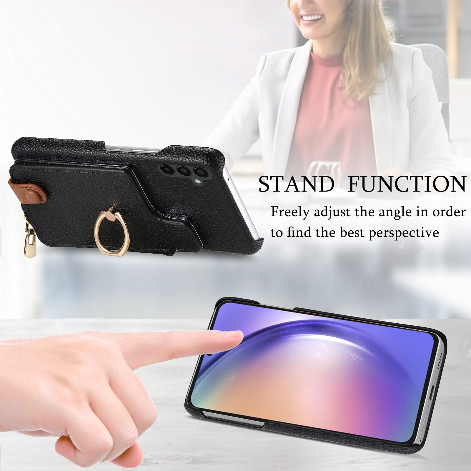Y3 for Samsung Galaxy A54 5G Leather+TPU Anti-drop Case Kickstand Phone Cover with Zipper Pocket