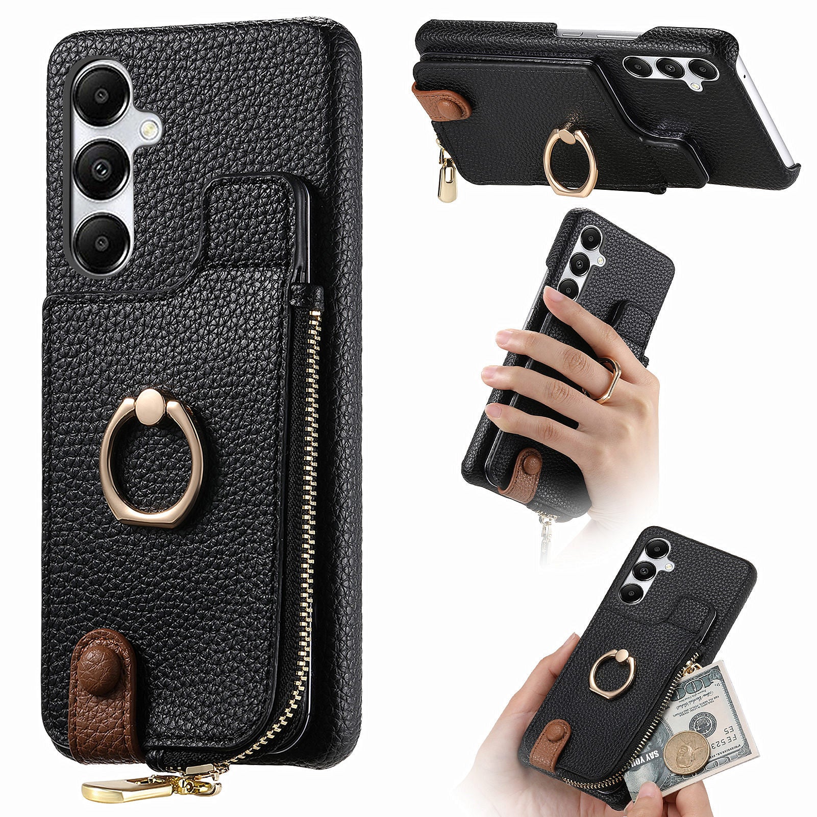 Y3 for Samsung Galaxy A35 5G Case Kickstand Leather+TPU Phone Cover with Litchi Texture