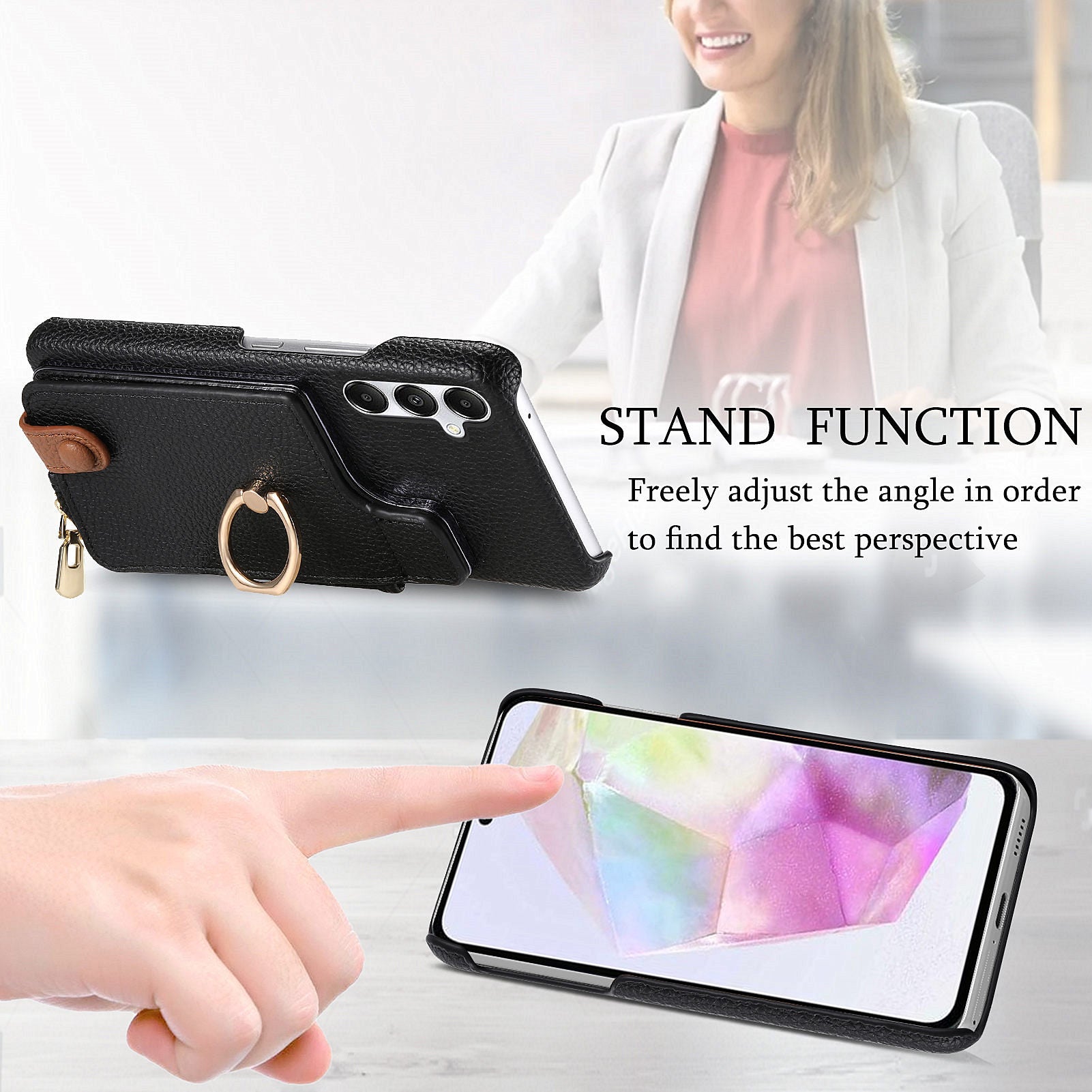 Y3 for Samsung Galaxy A35 5G Case Kickstand Leather+TPU Phone Cover with Litchi Texture