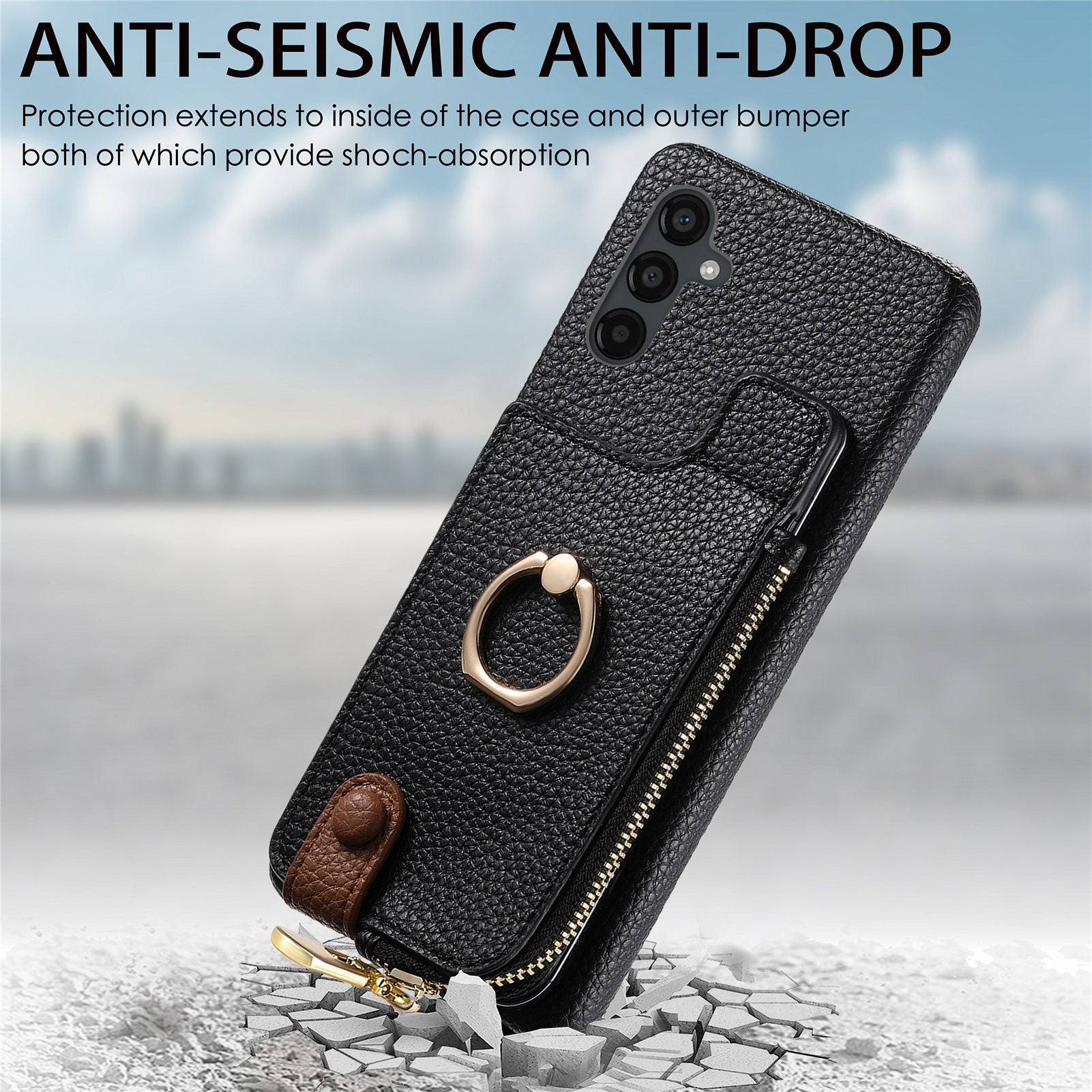Y3 for Samsung Galaxy A34 5G Leather+TPU Shockproof Case Kickstand Phone Cover with Zipper Pocket