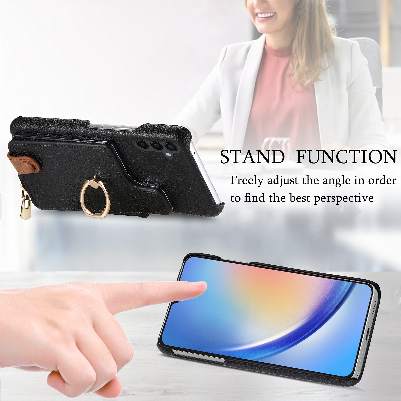 Y3 for Samsung Galaxy A34 5G Leather+TPU Shockproof Case Kickstand Phone Cover with Zipper Pocket