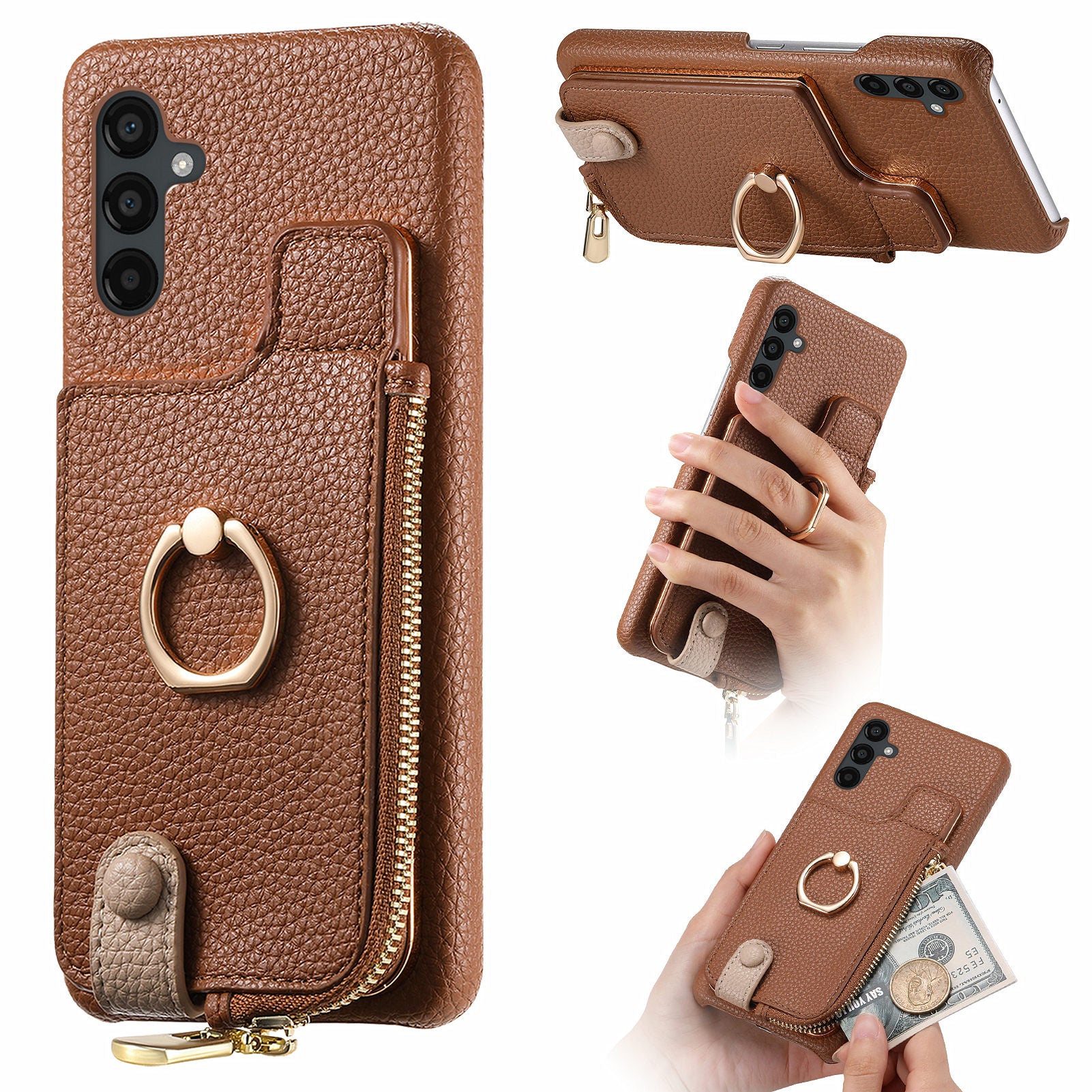 Y3 for Samsung Galaxy A34 5G Leather+TPU Shockproof Case Kickstand Phone Cover with Zipper Pocket