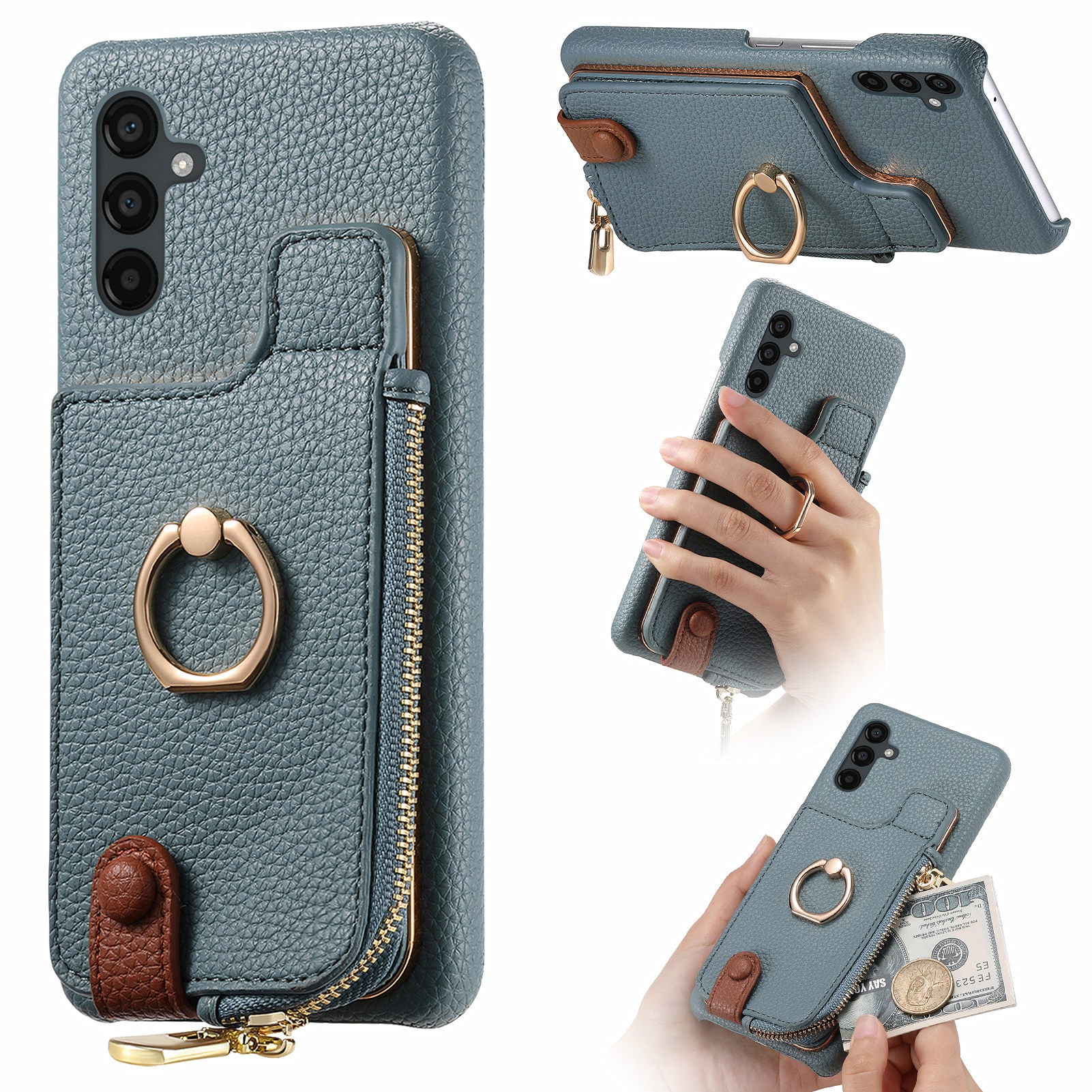 Y3 for Samsung Galaxy A34 5G Leather+TPU Shockproof Case Kickstand Phone Cover with Zipper Pocket