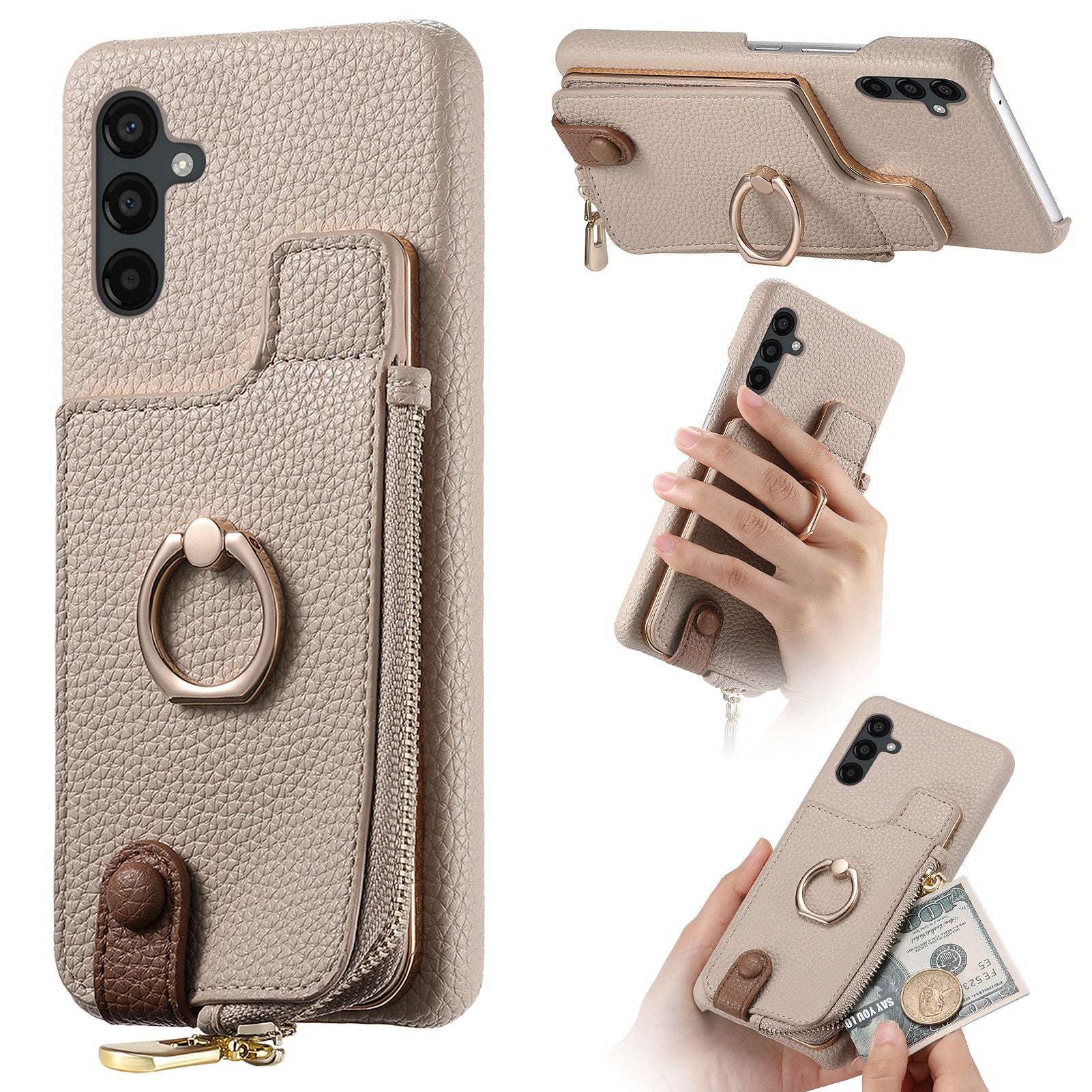 Y3 for Samsung Galaxy A34 5G Leather+TPU Shockproof Case Kickstand Phone Cover with Zipper Pocket