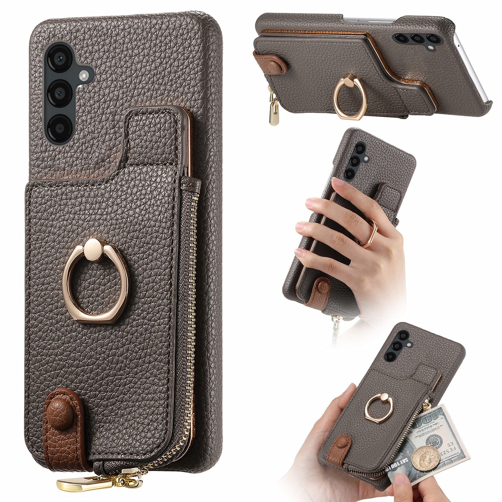 Y3 for Samsung Galaxy A34 5G Leather+TPU Shockproof Case Kickstand Phone Cover with Zipper Pocket