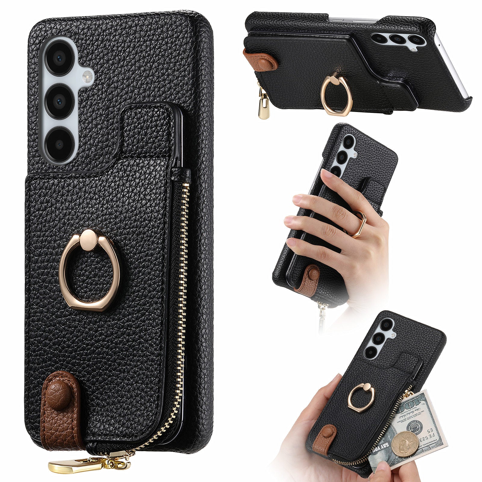 Y3 for Samsung Galaxy A15 4G / A15 5G Phone Case Leather+TPU Kickstand Cover with Zipper Pocket