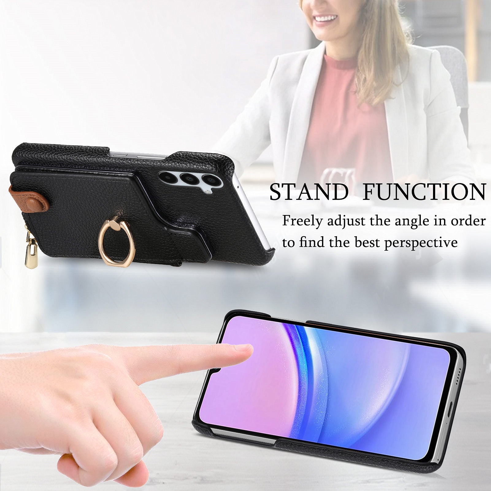 Y3 for Samsung Galaxy A15 4G / A15 5G Phone Case Leather+TPU Kickstand Cover with Zipper Pocket