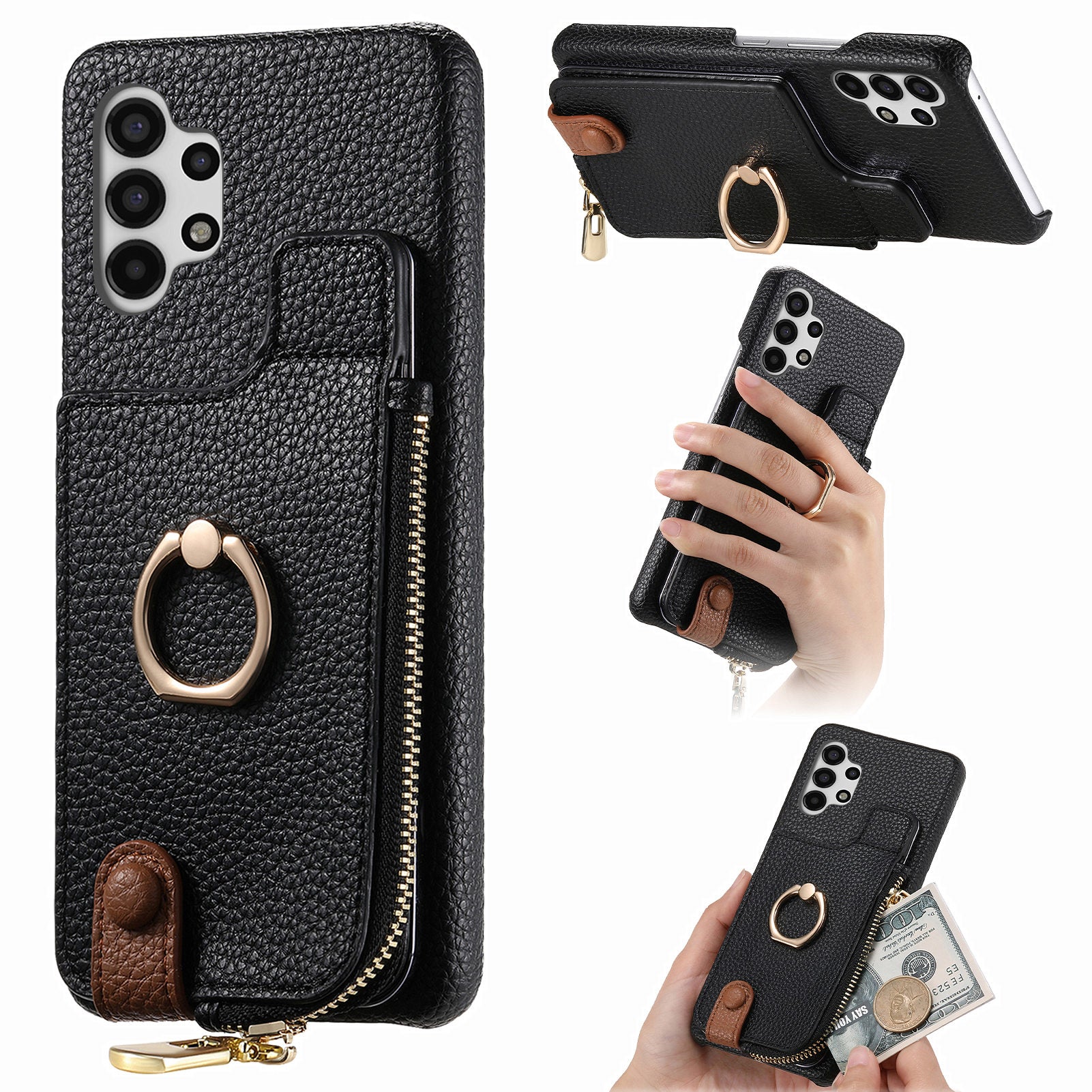 Y3 For Samsung Galaxy A13 4G Case Ring Kickstand Leather+TPU Zipper Pocket Phone Cover
