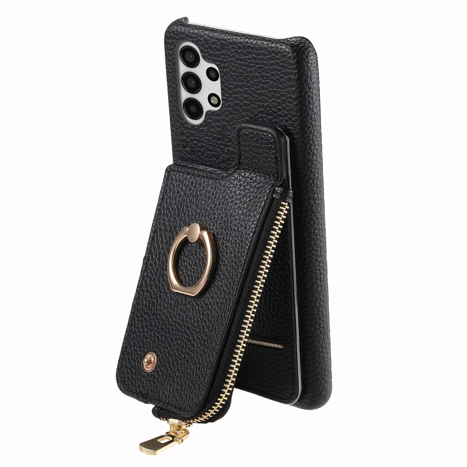 Y3 For Samsung Galaxy A13 4G Case Ring Kickstand Leather+TPU Zipper Pocket Phone Cover