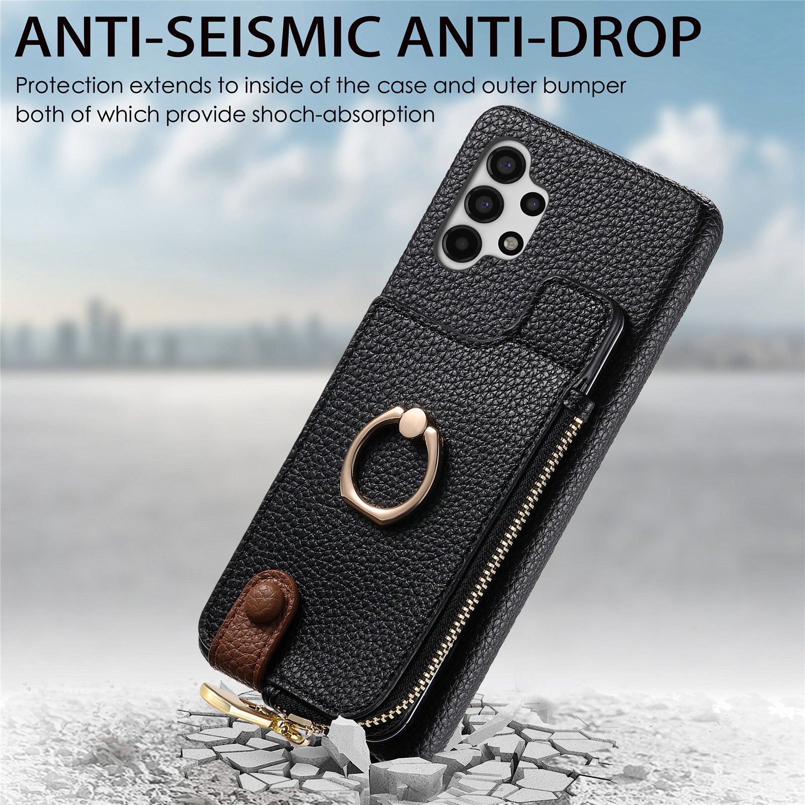 Y3 For Samsung Galaxy A13 4G Case Ring Kickstand Leather+TPU Zipper Pocket Phone Cover