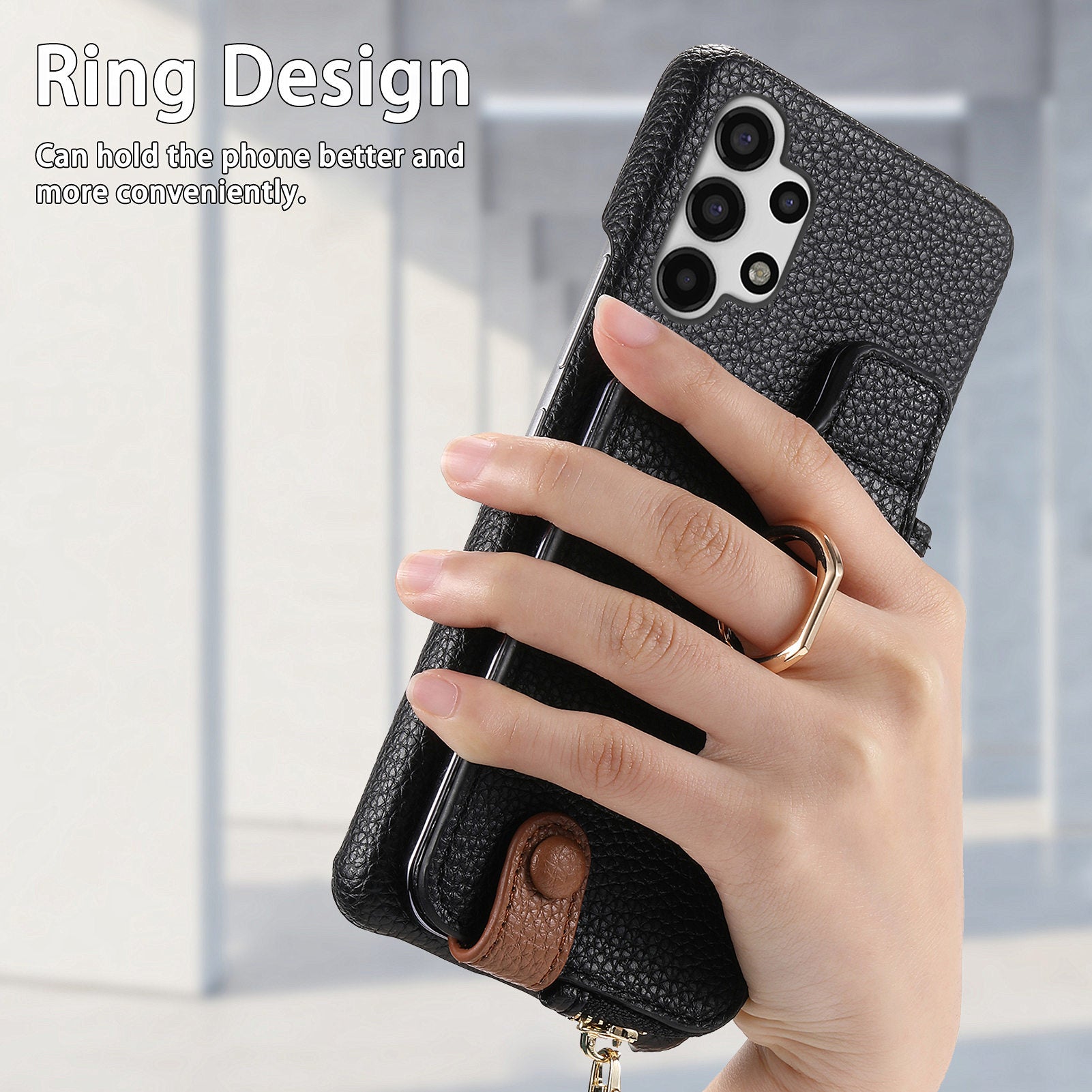 Y3 For Samsung Galaxy A13 4G Case Ring Kickstand Leather+TPU Zipper Pocket Phone Cover