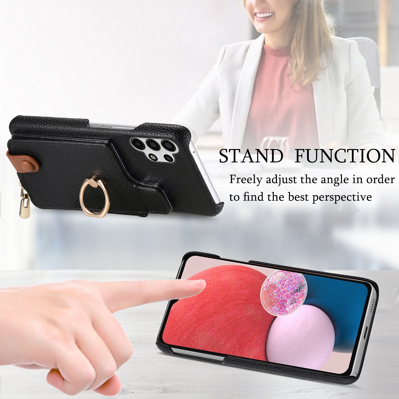 Y3 For Samsung Galaxy A13 4G Case Ring Kickstand Leather+TPU Zipper Pocket Phone Cover