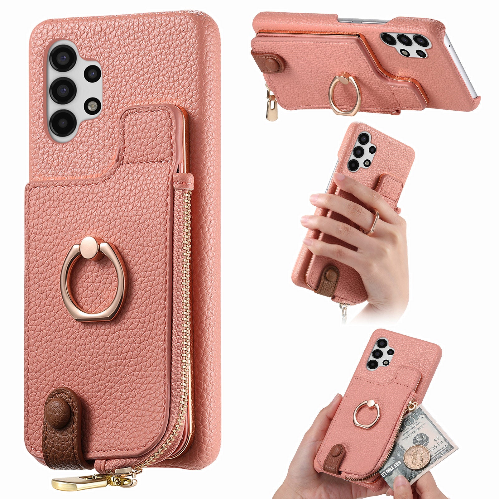 Y3 For Samsung Galaxy A13 4G Case Ring Kickstand Leather+TPU Zipper Pocket Phone Cover