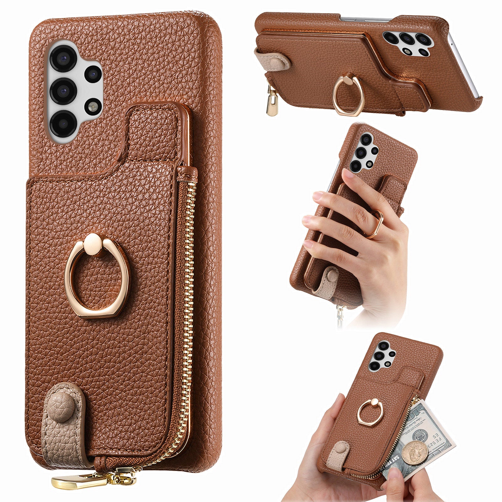 Y3 For Samsung Galaxy A13 4G Case Ring Kickstand Leather+TPU Zipper Pocket Phone Cover