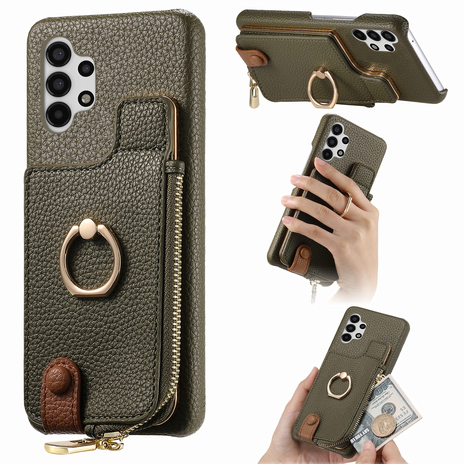 Y3 For Samsung Galaxy A13 4G Case Ring Kickstand Leather+TPU Zipper Pocket Phone Cover