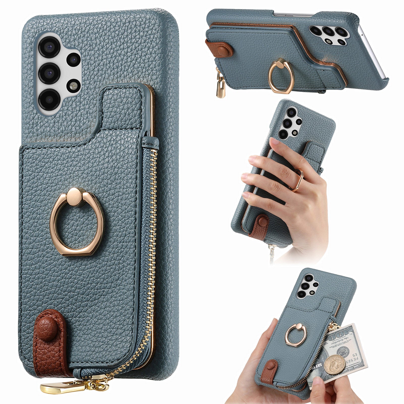 Y3 For Samsung Galaxy A13 4G Case Ring Kickstand Leather+TPU Zipper Pocket Phone Cover