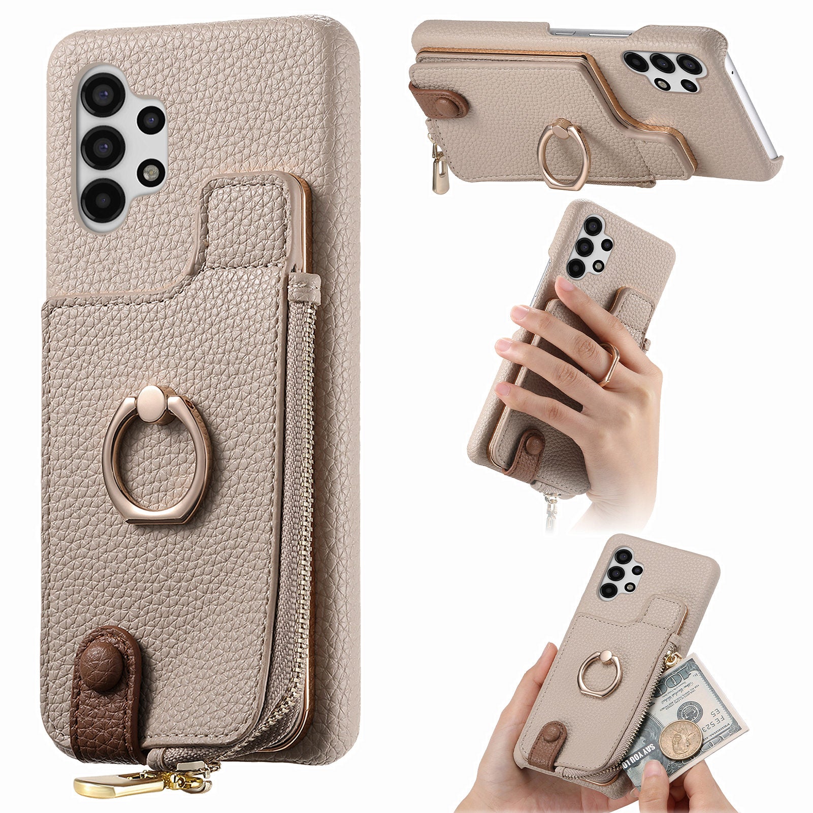 Y3 For Samsung Galaxy A13 4G Case Ring Kickstand Leather+TPU Zipper Pocket Phone Cover