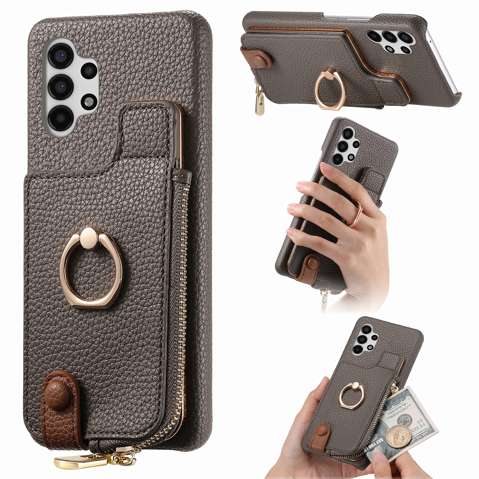 Y3 For Samsung Galaxy A13 4G Case Ring Kickstand Leather+TPU Zipper Pocket Phone Cover