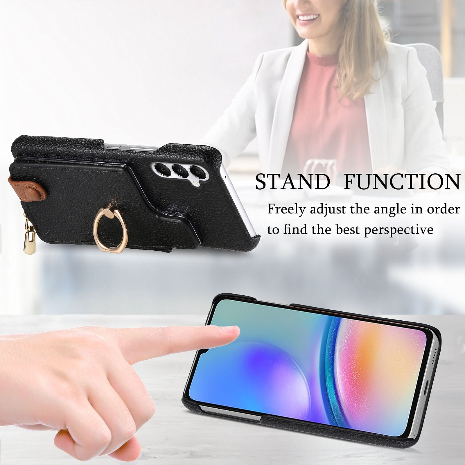 Y3 for Samsung Galaxy A05s 4G Leather+TPU Case Ring Kickstand Phone Cover with Zipper Pocket