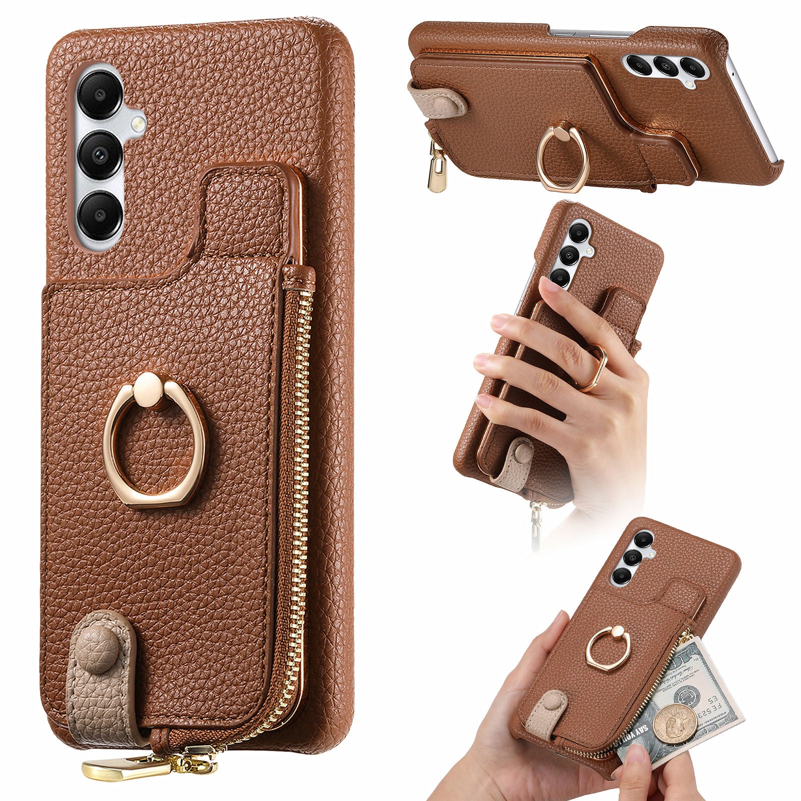 Y3 for Samsung Galaxy A05s 4G Leather+TPU Case Ring Kickstand Phone Cover with Zipper Pocket