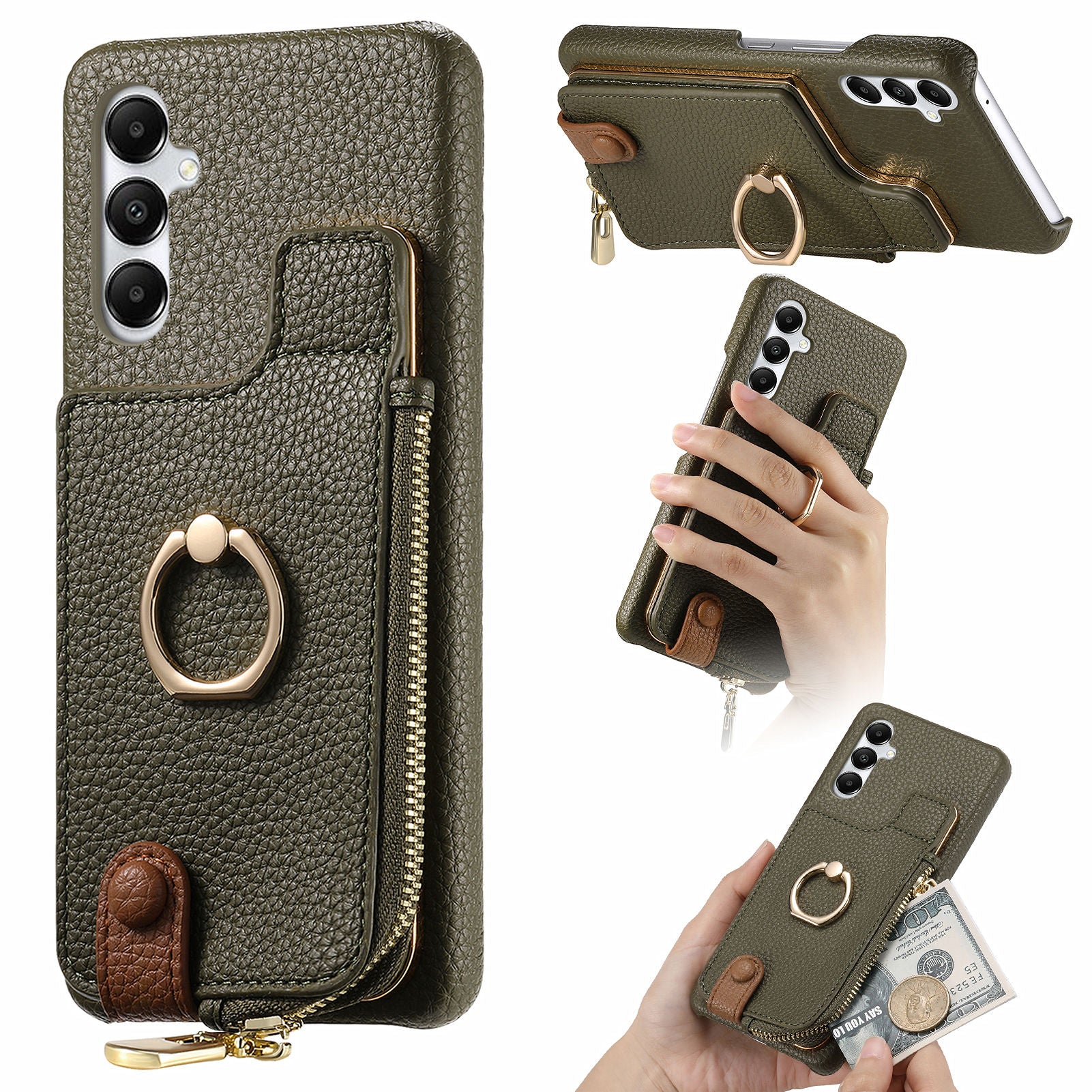 Y3 for Samsung Galaxy A05s 4G Leather+TPU Case Ring Kickstand Phone Cover with Zipper Pocket