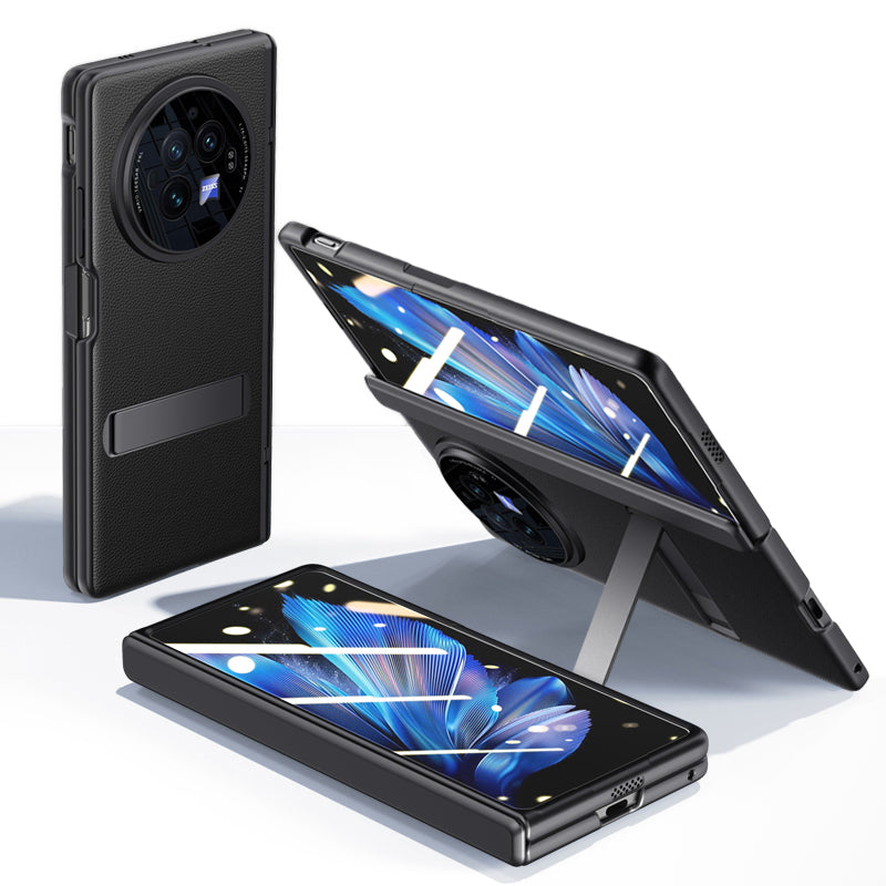 For vivo X Fold3 Case Leather Coated PC Magnetic Kickstand Phone Cover with HD Screen Film