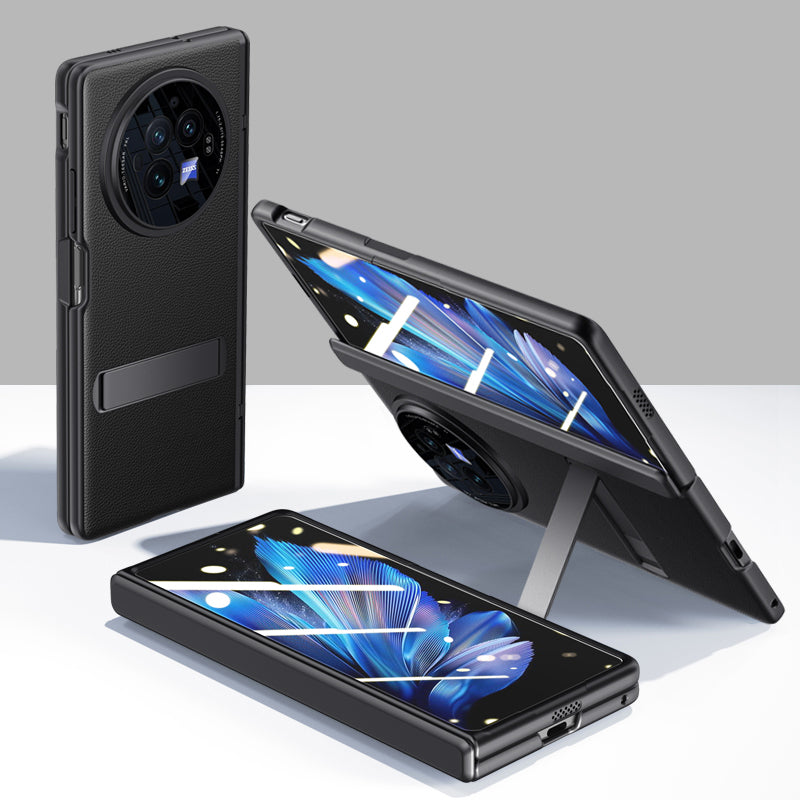 For vivo X Fold3 Case Leather Coated PC Magnetic Kickstand Phone Cover with HD Screen Film