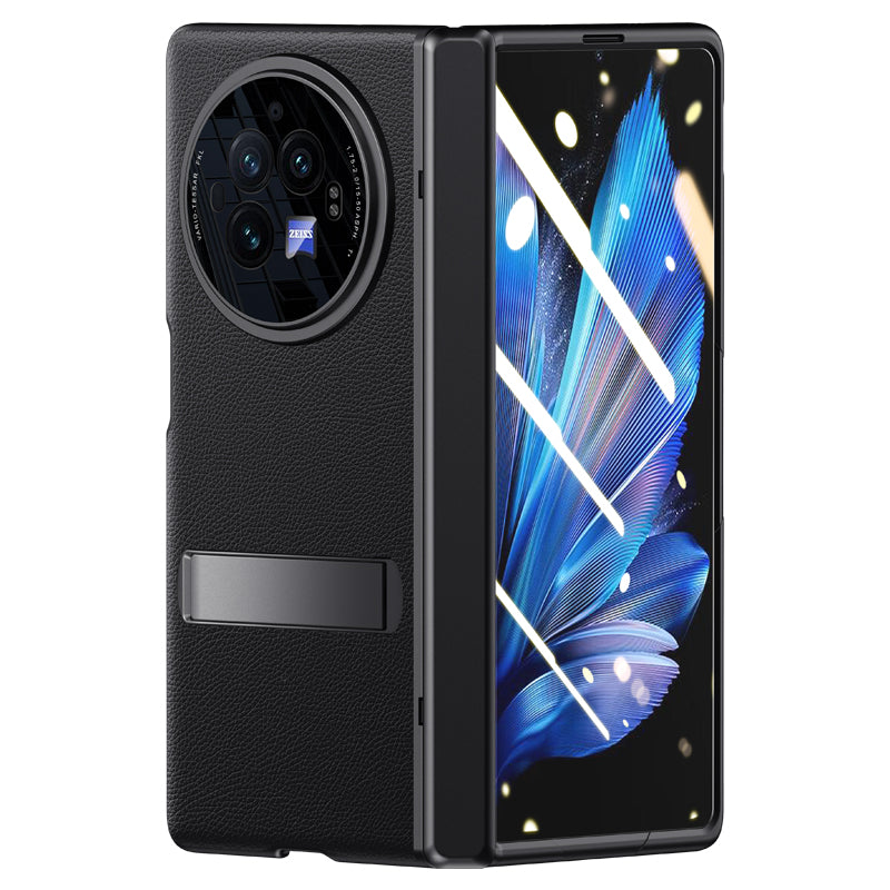 For vivo X Fold3 Case Leather Coated PC Magnetic Kickstand Phone Cover with HD Screen Film