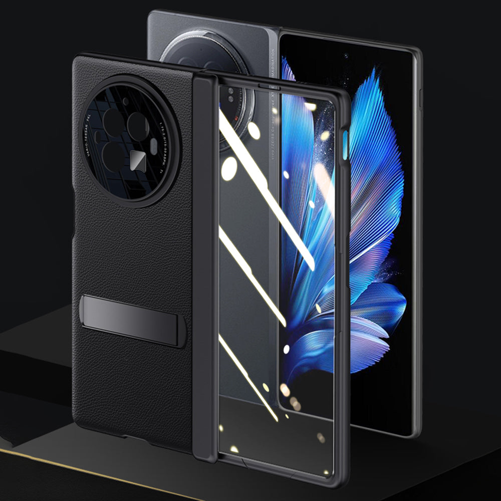 For vivo X Fold3 Case Leather Coated PC Magnetic Kickstand Phone Cover with HD Screen Film