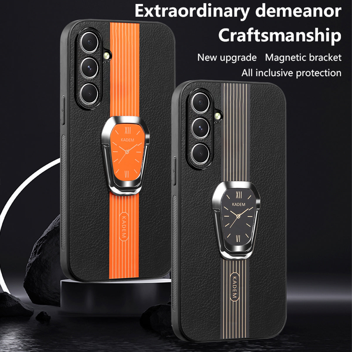 KADEM For Samsung Galaxy F15 5G / M15 5G Phone Cover Electroplated Folding Kickstand PU+TPU+Acrylic Back Case