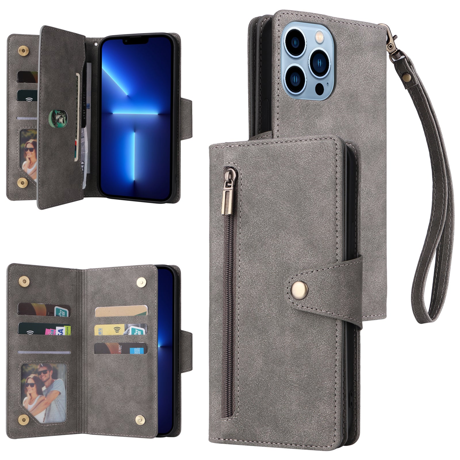 For iPhone 13 Pro Max Case Card Slots Leather Stand Phone Cover with Rivet Decor
