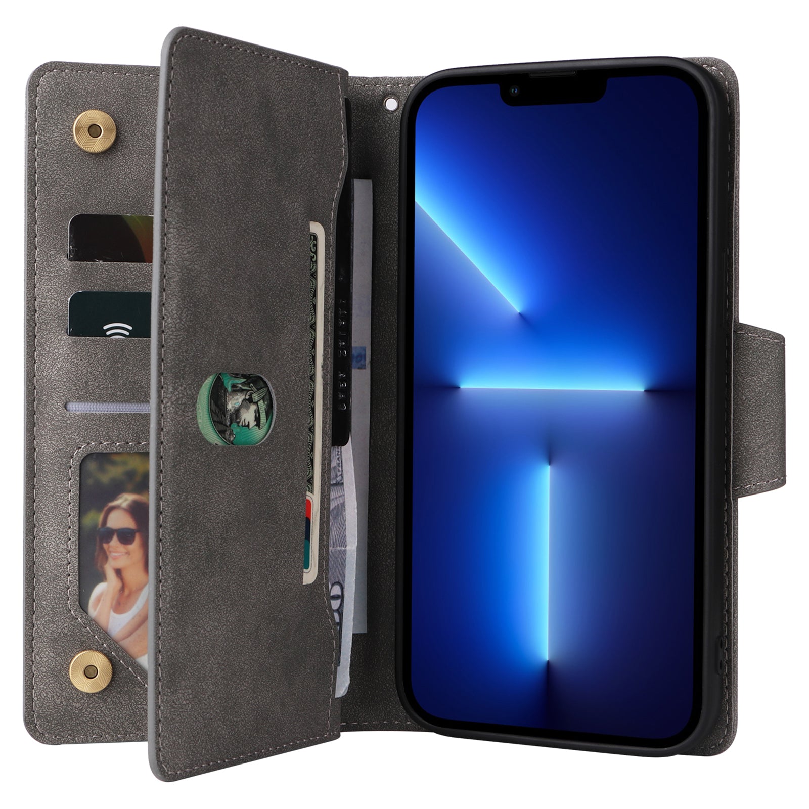 For iPhone 13 Pro Max Case Card Slots Leather Stand Phone Cover with Rivet Decor