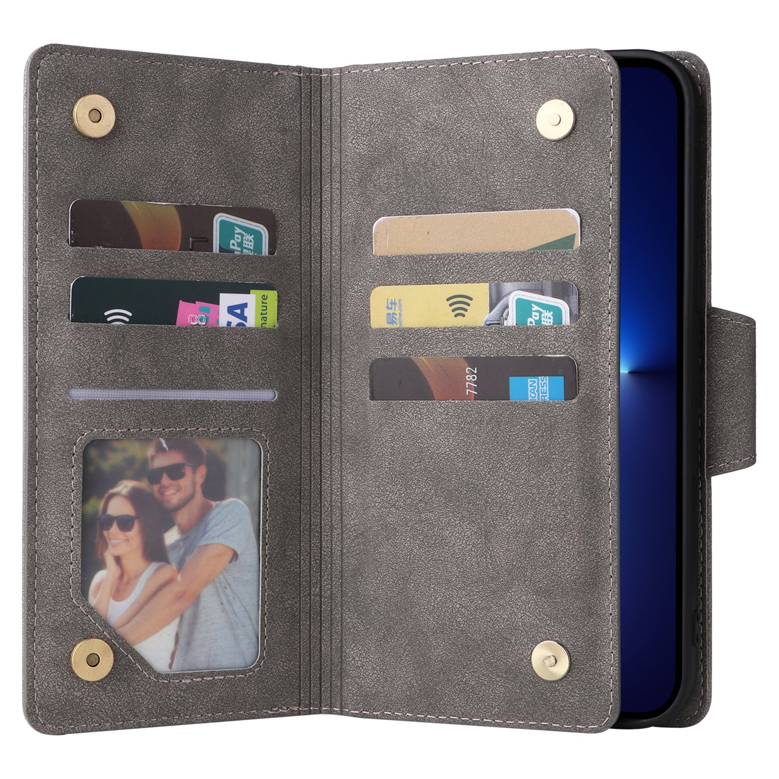 For iPhone 13 Pro Max Case Card Slots Leather Stand Phone Cover with Rivet Decor