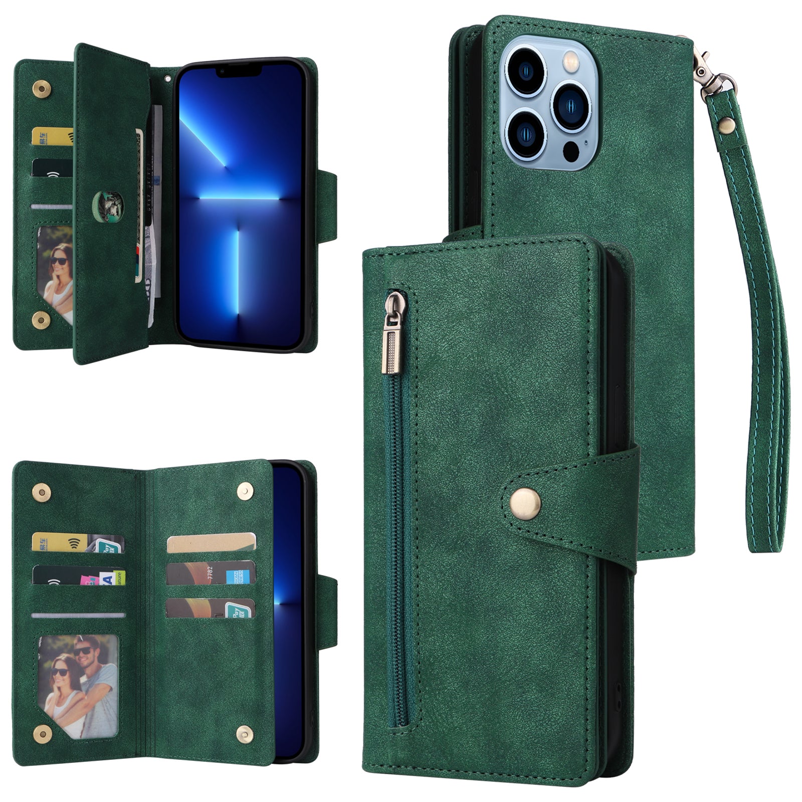 For iPhone 13 Pro Max Case Card Slots Leather Stand Phone Cover with Rivet Decor
