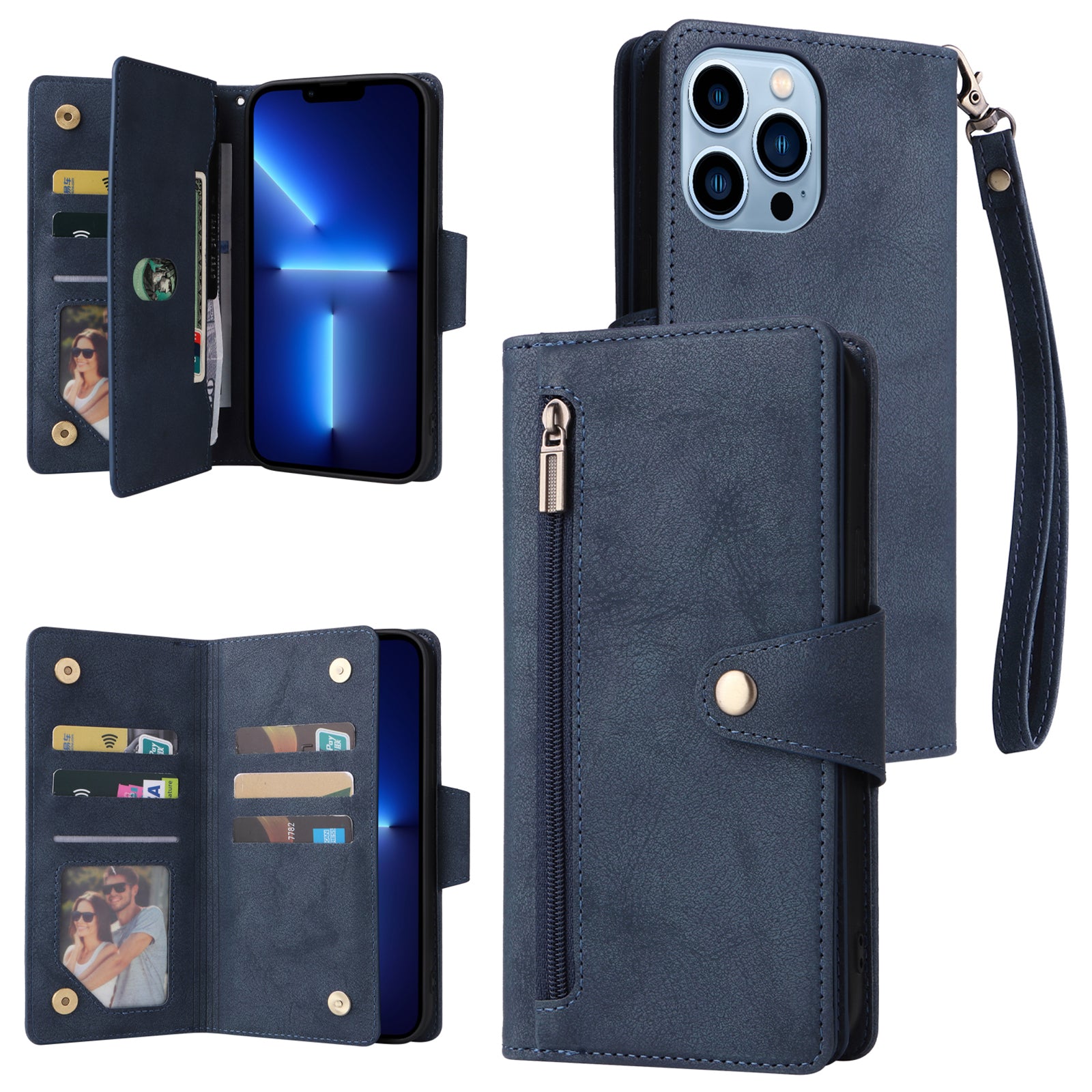For iPhone 13 Pro Max Case Card Slots Leather Stand Phone Cover with Rivet Decor