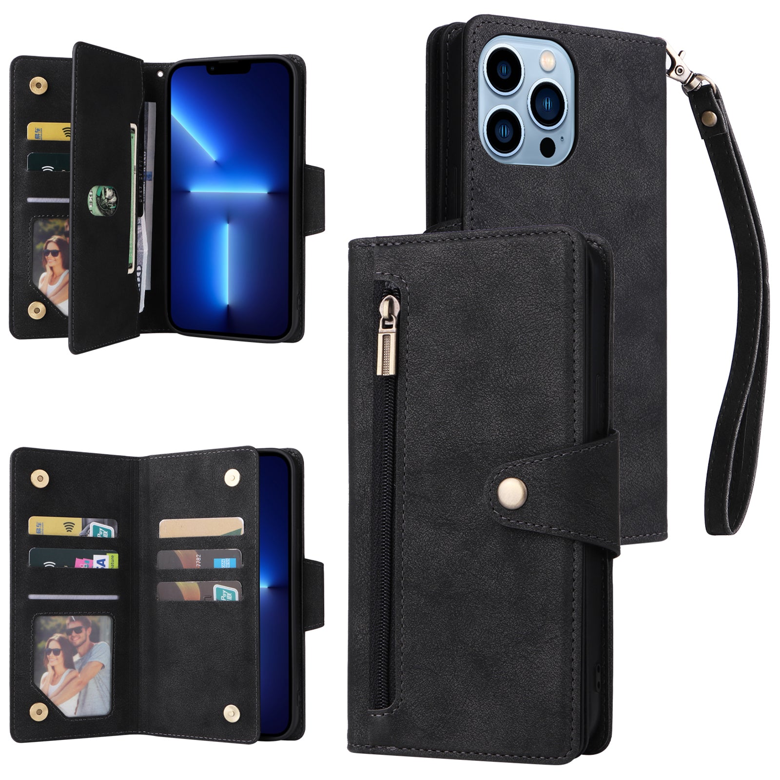 For iPhone 13 Pro Max Case Card Slots Leather Stand Phone Cover with Rivet Decor