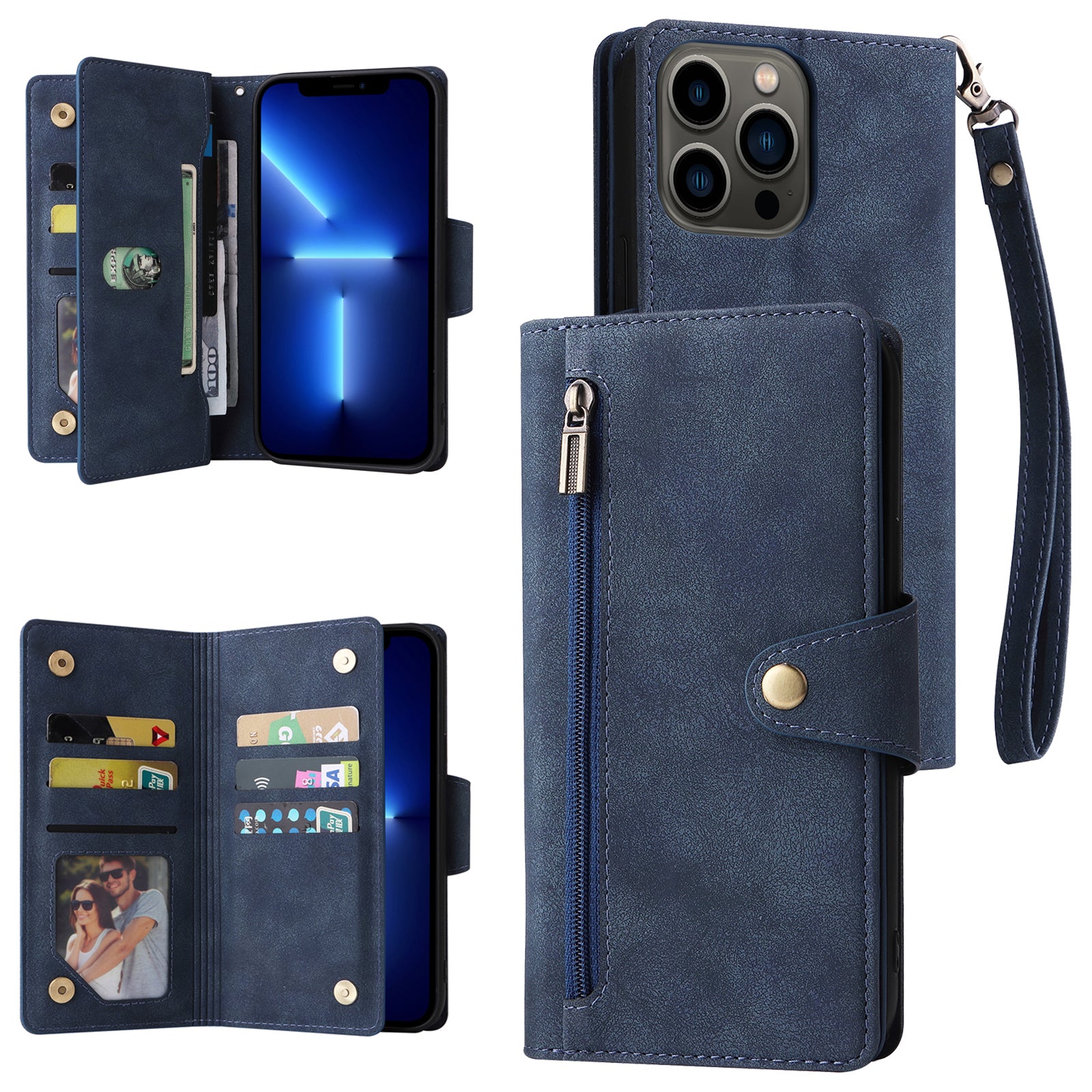 For iPhone 13 Pro 6.1 inch Case PU Leather Stand Wallet Phone Cover with Rivet Decor