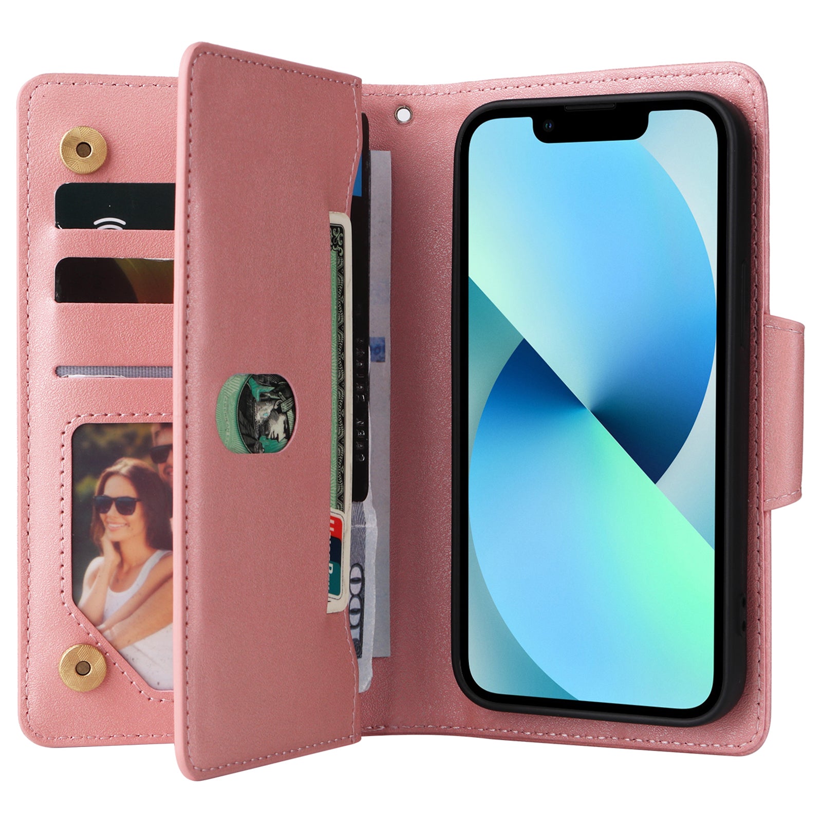 For iPhone 13 mini 5.4 inch Case PU Leather Rivet Decor Card Holder Wallet Phone Cover