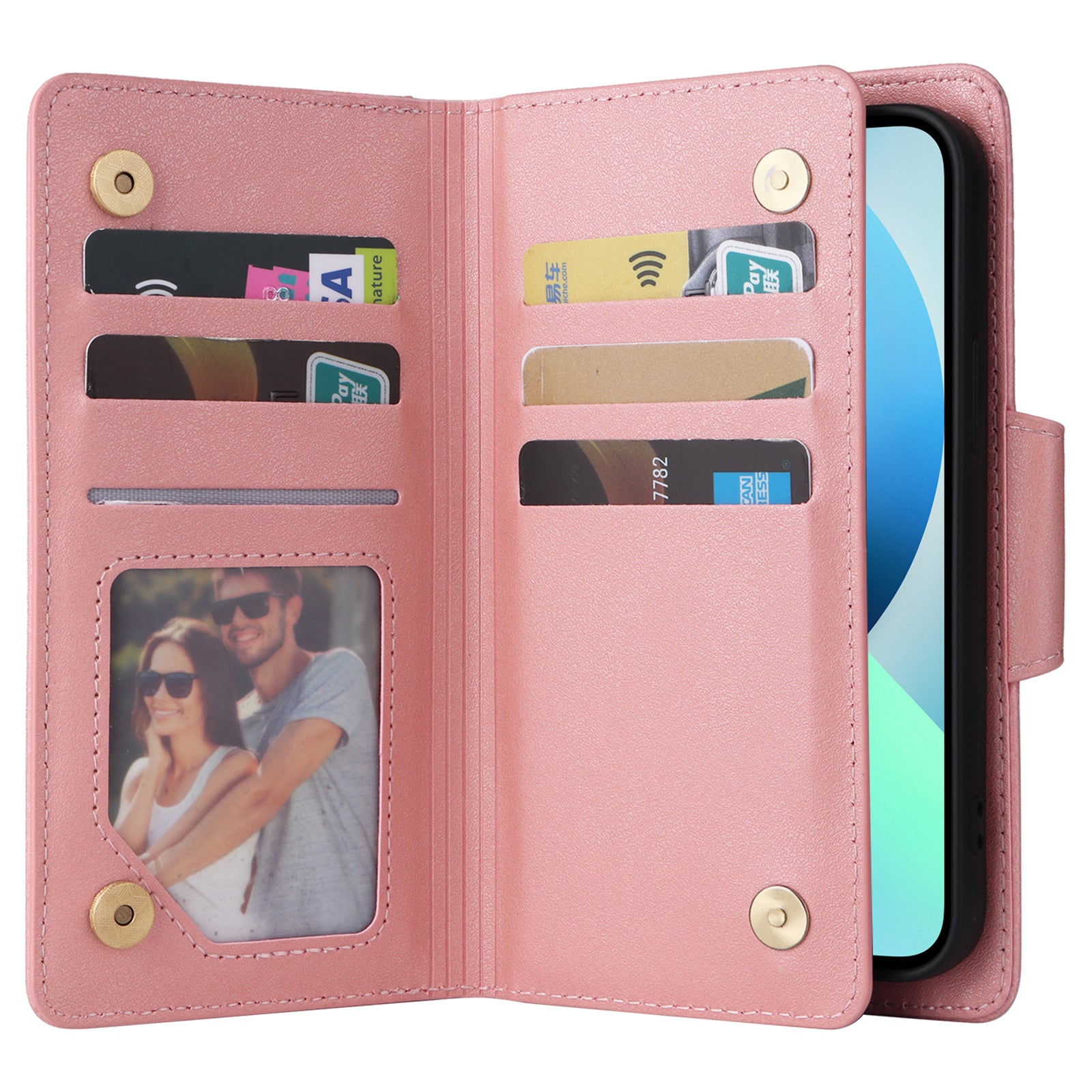 For iPhone 13 mini 5.4 inch Case PU Leather Rivet Decor Card Holder Wallet Phone Cover