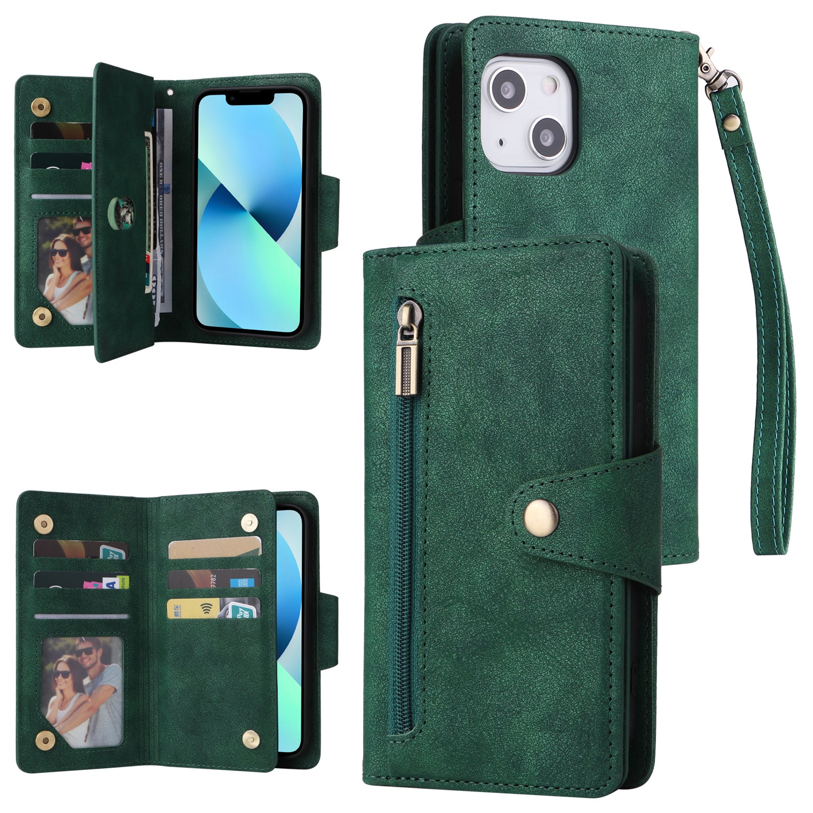 For iPhone 13 mini 5.4 inch Case PU Leather Rivet Decor Card Holder Wallet Phone Cover