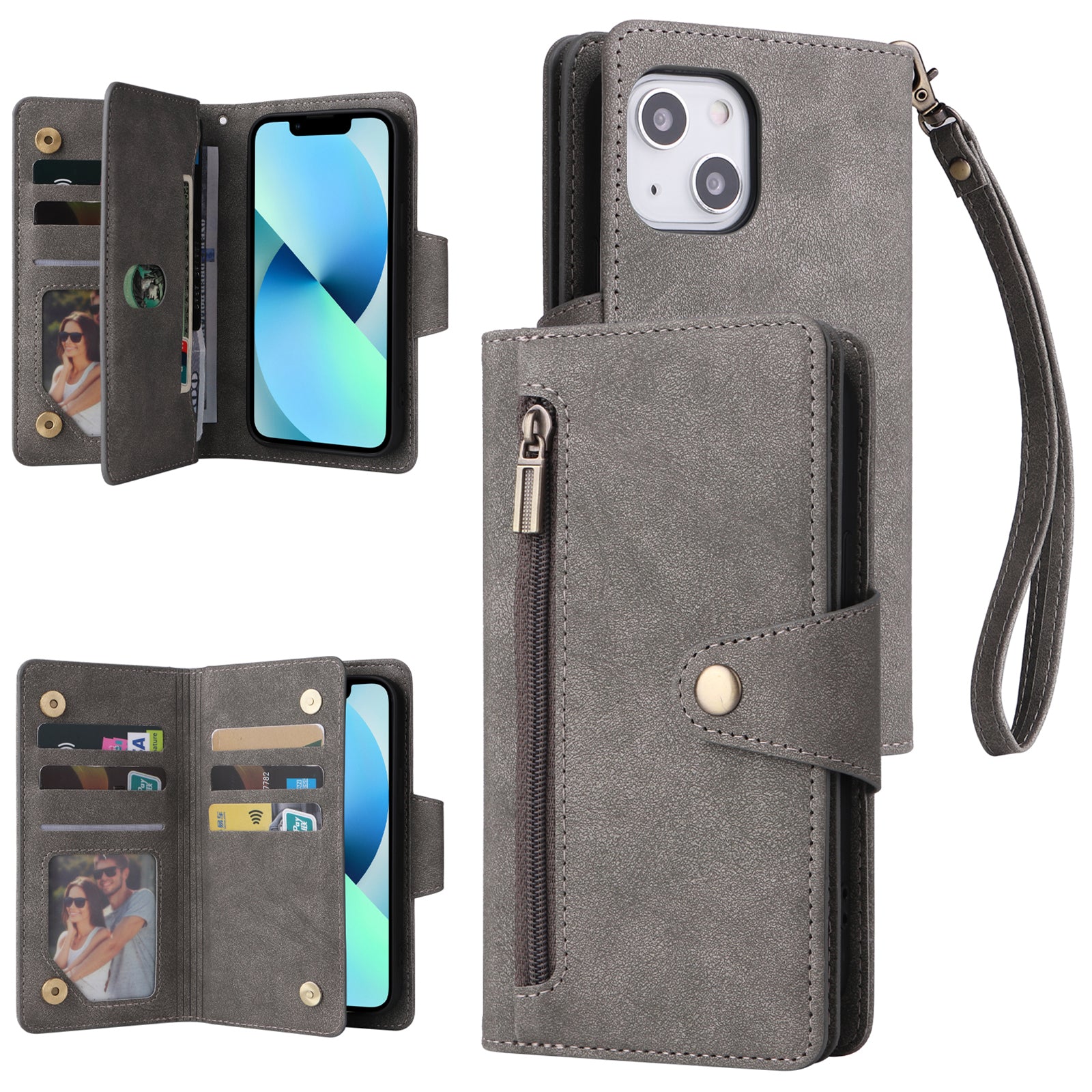 For iPhone 13 mini 5.4 inch Case PU Leather Rivet Decor Card Holder Wallet Phone Cover