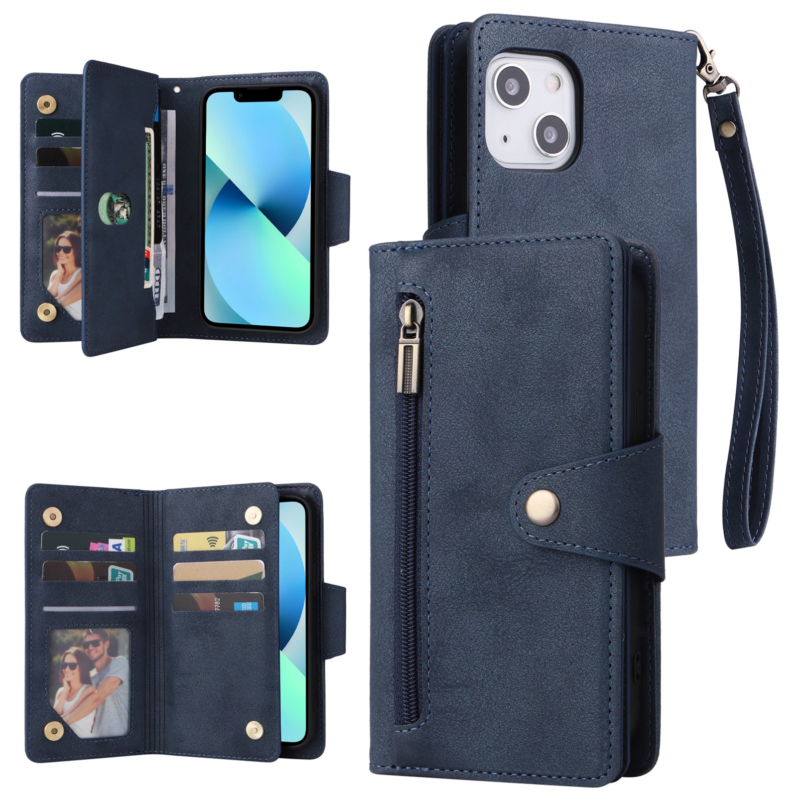 For iPhone 13 mini 5.4 inch Case PU Leather Rivet Decor Card Holder Wallet Phone Cover