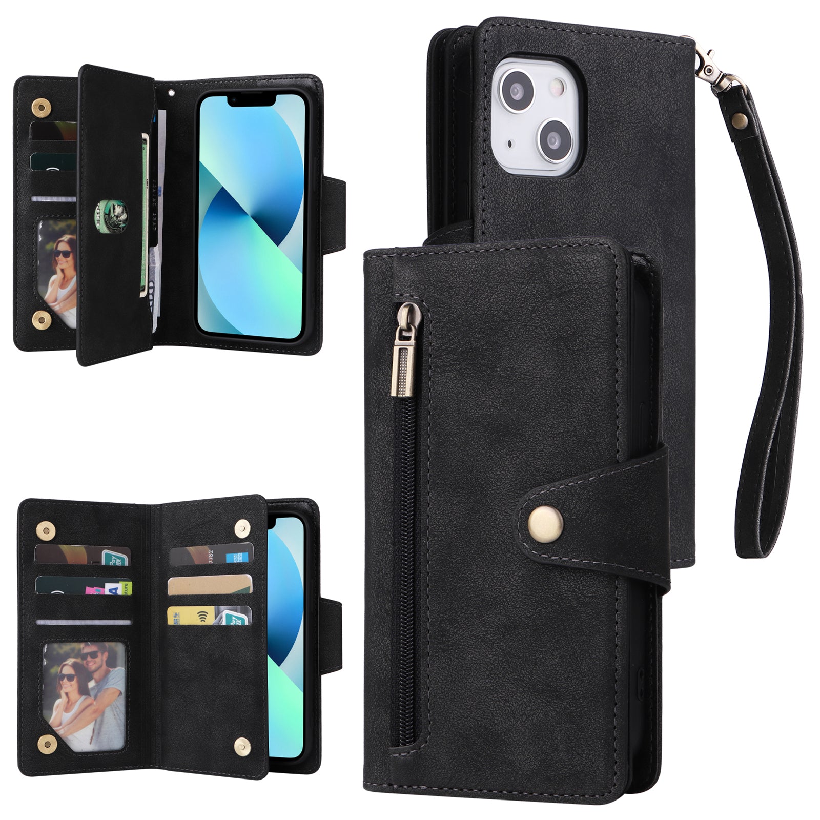 For iPhone 13 mini 5.4 inch Case PU Leather Rivet Decor Card Holder Wallet Phone Cover