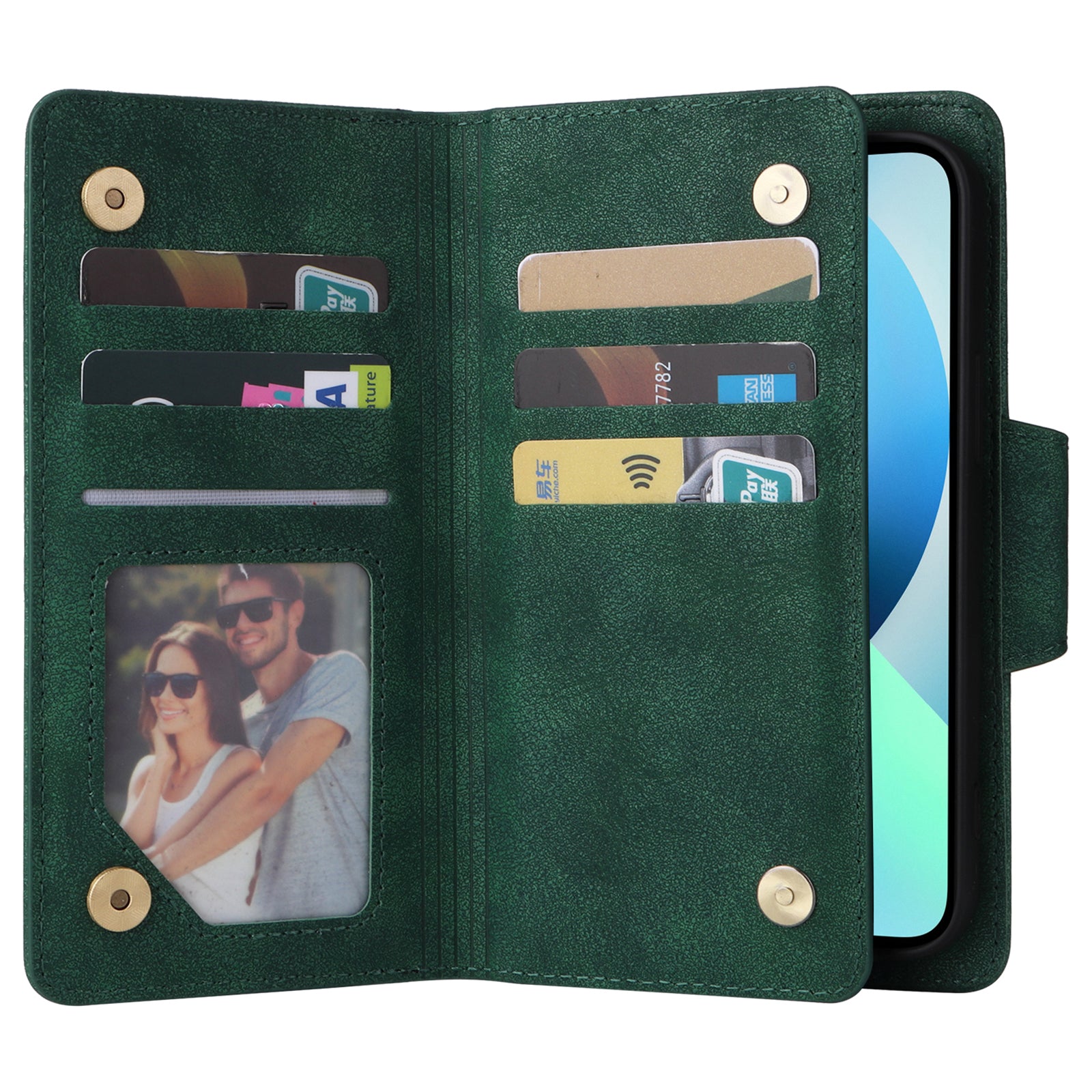 For iPhone 13 6.1 inch Case PU Leather Zipper Pocket Stand Phone Cover with Rivet Decor