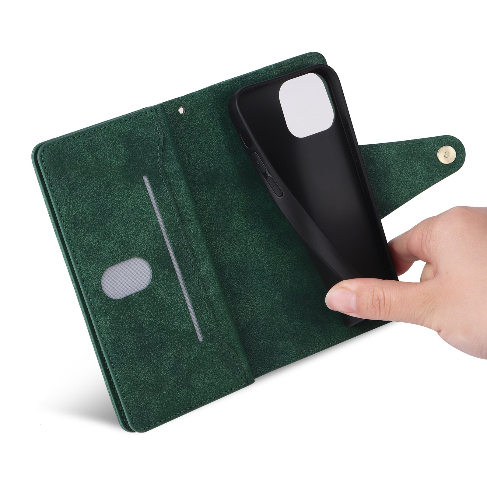 For iPhone 13 6.1 inch Case PU Leather Zipper Pocket Stand Phone Cover with Rivet Decor