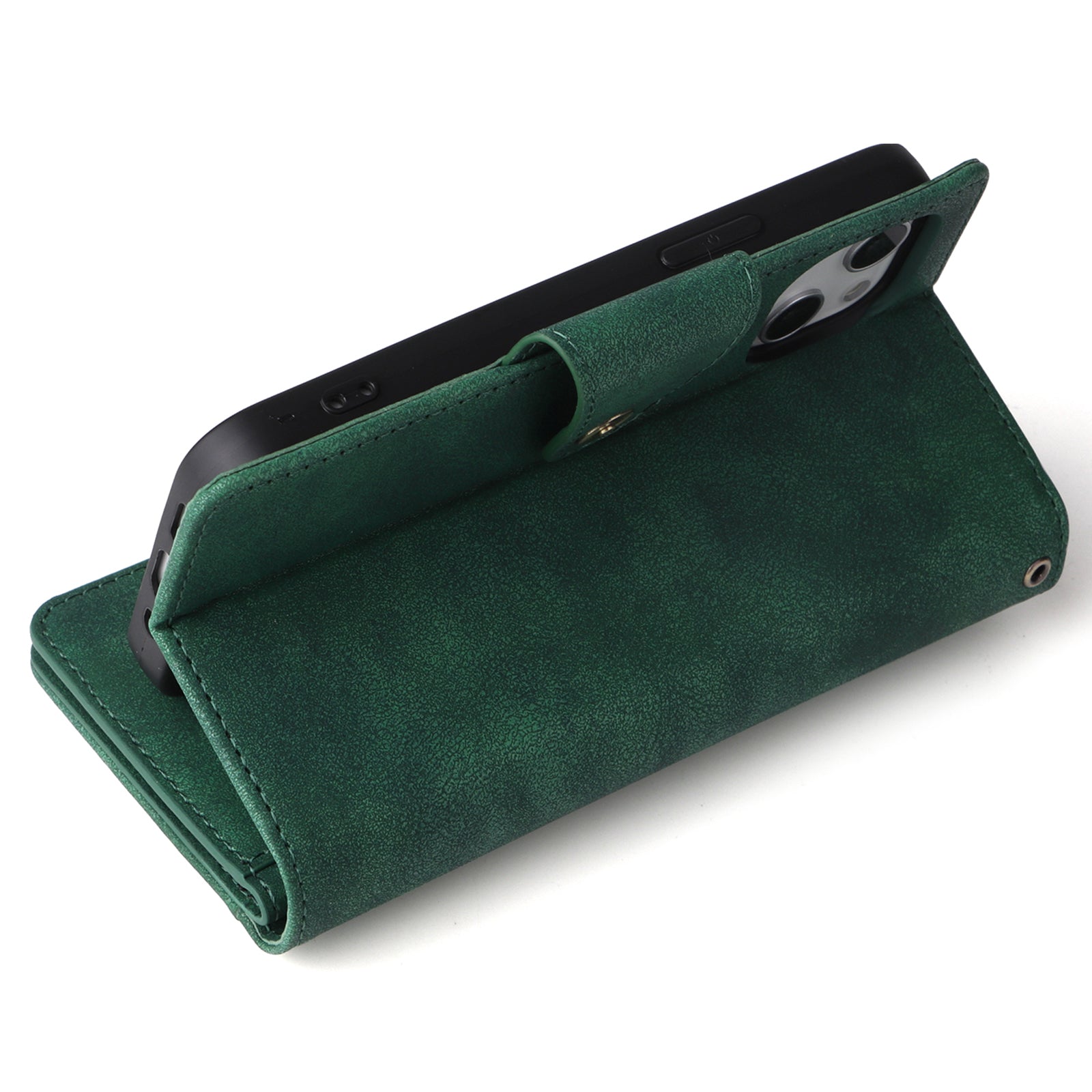 For iPhone 13 6.1 inch Case PU Leather Zipper Pocket Stand Phone Cover with Rivet Decor