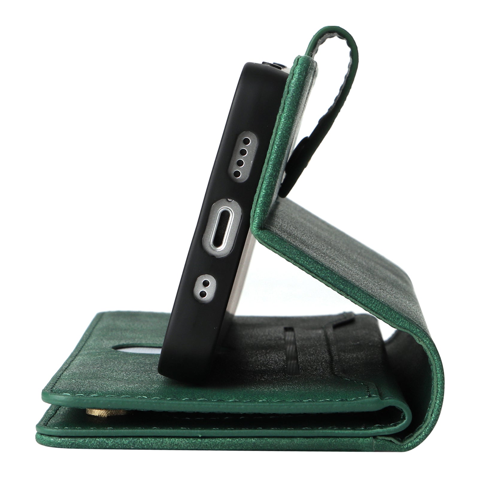 For iPhone 13 6.1 inch Case PU Leather Zipper Pocket Stand Phone Cover with Rivet Decor